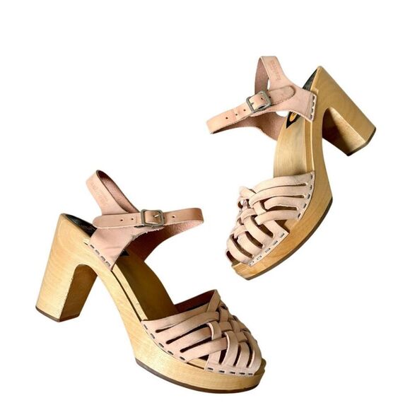 Anthropologie Swedish Hasbeens Braided Sky High Clogs Leather Wood size 39 Peach - Picture 2 of 15